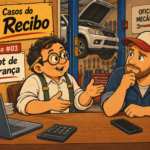 Ilustração do Zé Recibo conversando com Seu Anselmo, dono de oficina mecânica, sobre script de cobrança (Caso #03)