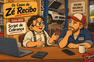 Ilustração do Zé Recibo conversando com Seu Anselmo, dono de oficina mecânica, sobre script de cobrança (Caso #03)