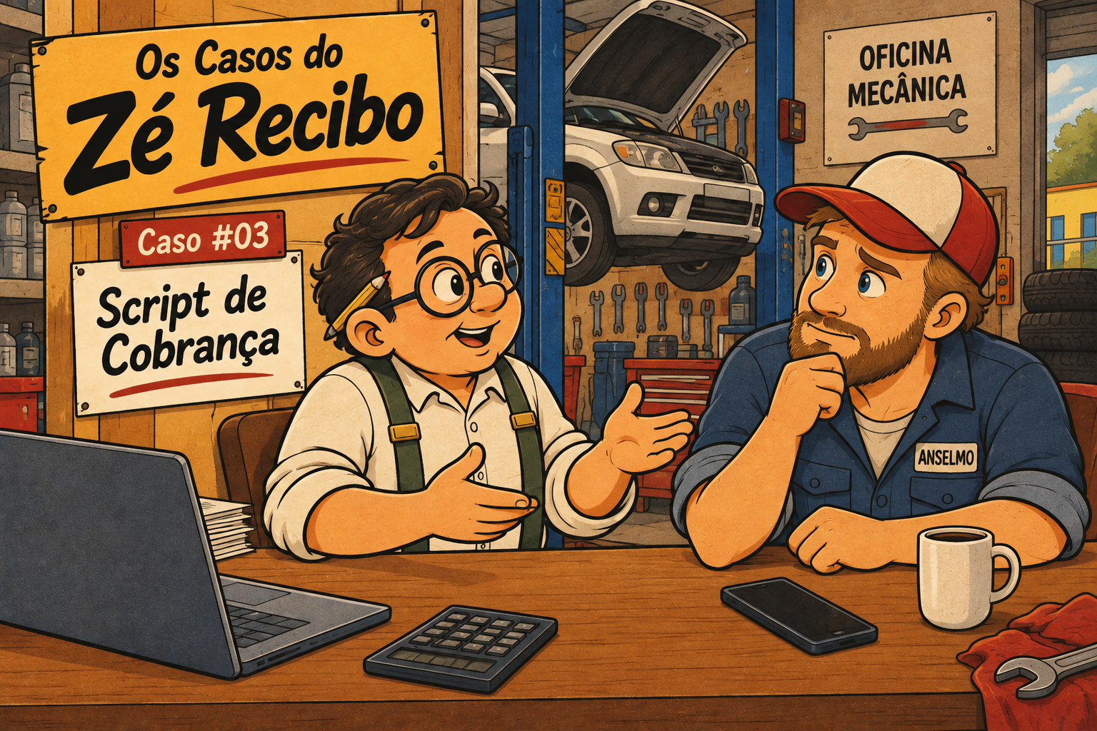Ilustração do Zé Recibo conversando com Seu Anselmo, dono de oficina mecânica, sobre script de cobrança (Caso #03)