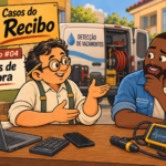 Ilustração do Zé Recibo mostrando ao Valdir, caça-vazamento, como os juros de mora evitam que o dinheiro do caixa vá pelo ralo (Caso #04)