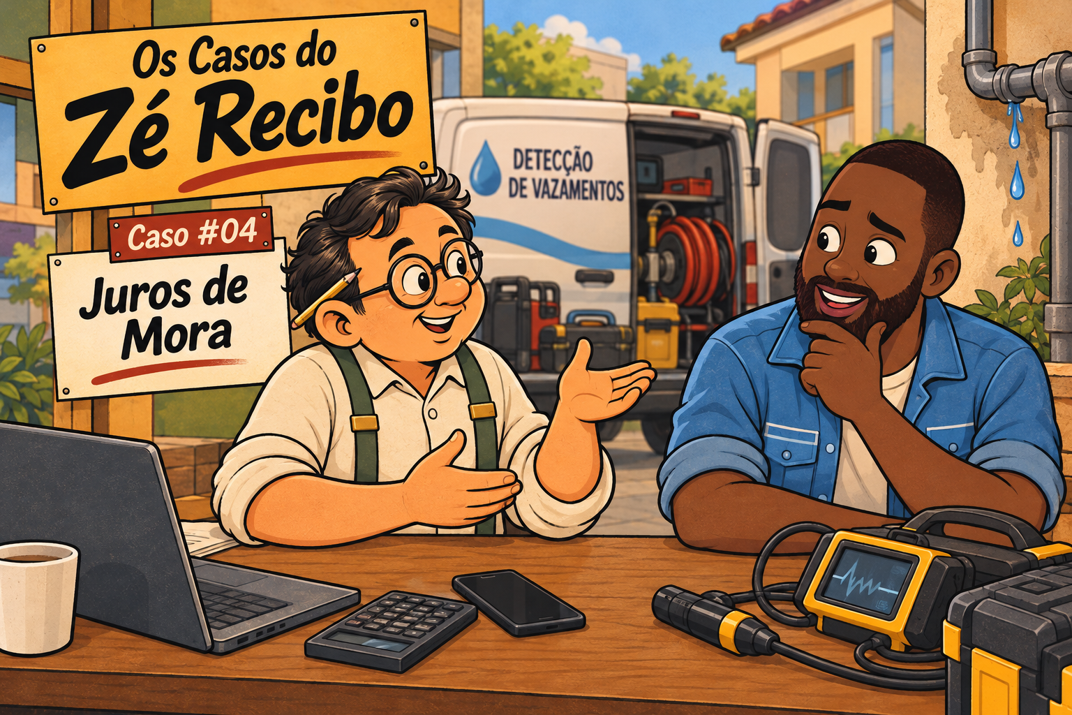 Ilustração do Zé Recibo mostrando ao Valdir, caça-vazamento, como os juros de mora evitam que o dinheiro do caixa vá pelo ralo (Caso #04)